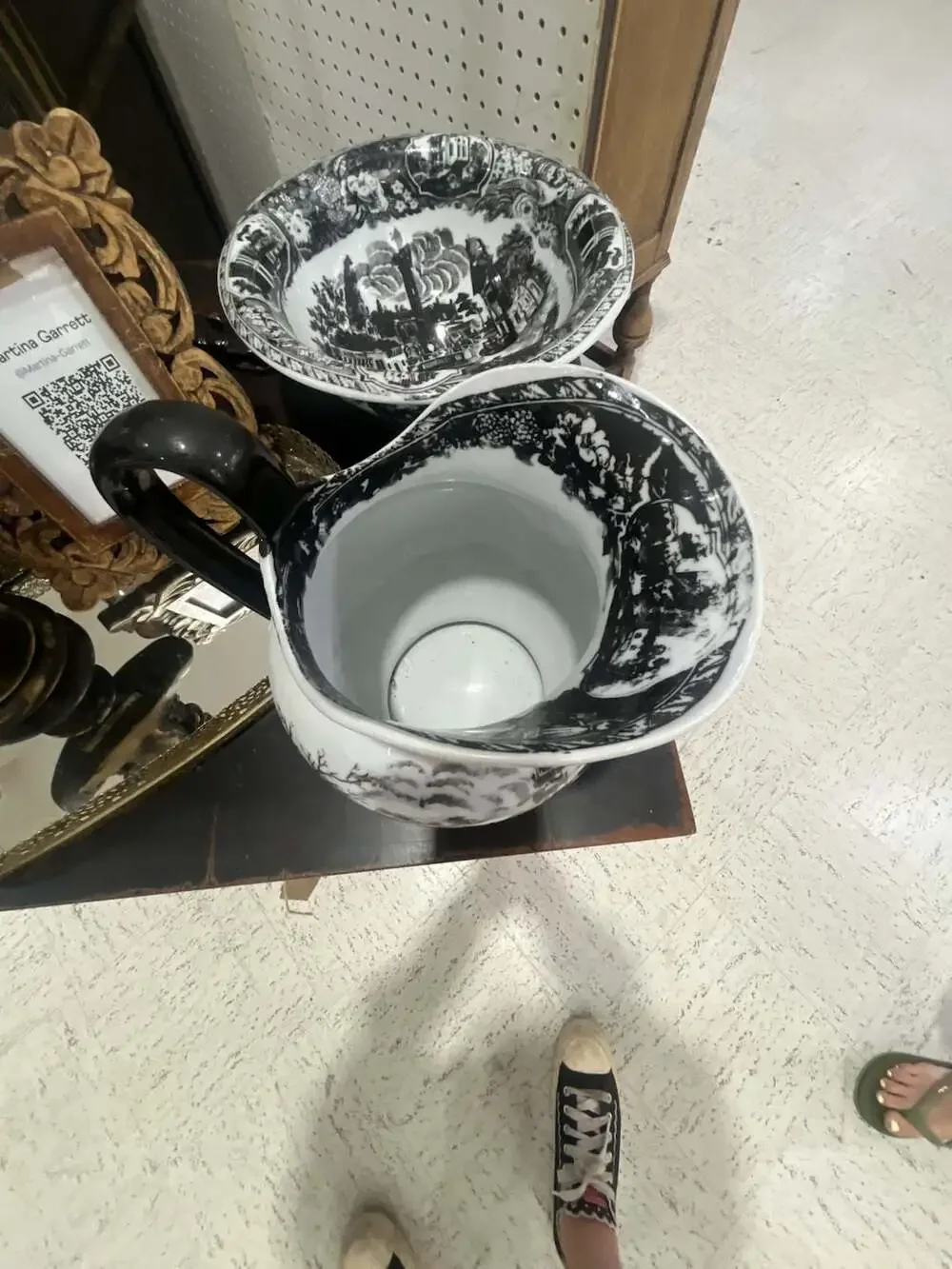 Vintage Black and White English Transferware Wash Basin and Pitcher Set